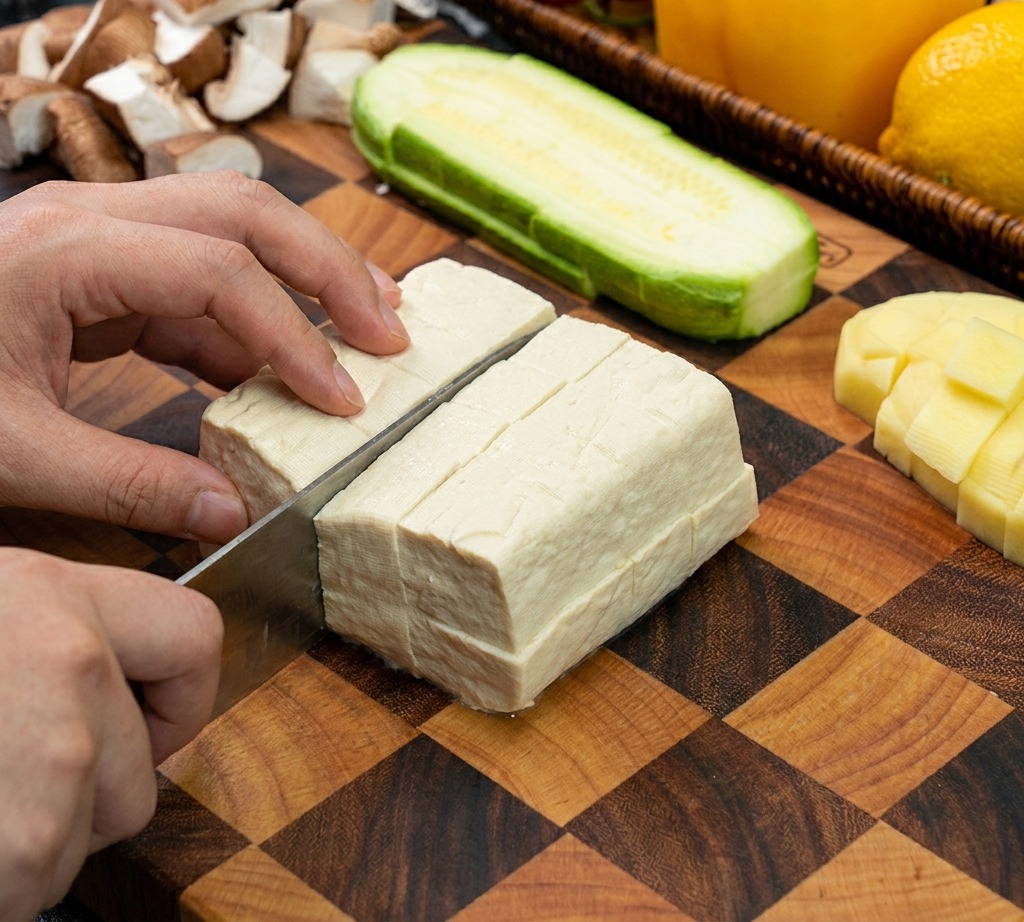 A hand steadying a block of firm white tofu while slicing it into uniform cubes on a wooden prep surface.