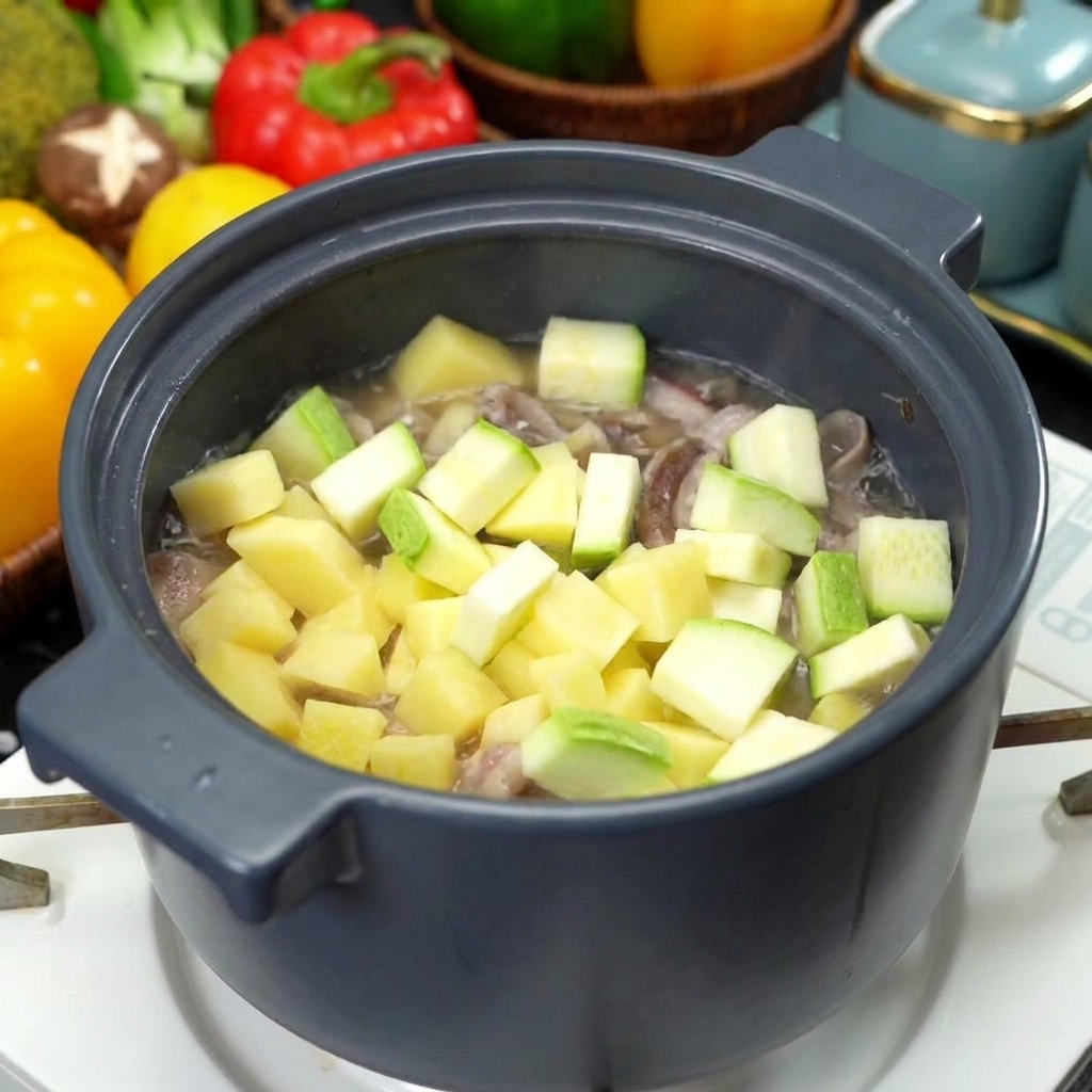 Cubes of raw potato and green zucchini being added into a dark cooking pot containing sautéed beef slices.