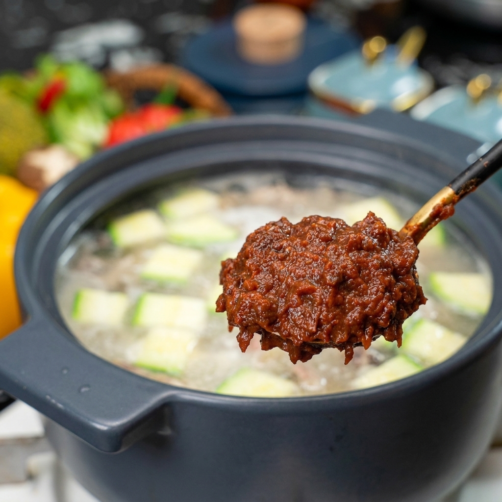 A large metal spoon holding a heap of dark brown, textured Korean soybean paste over a pot of bubbling water and vegetables.
