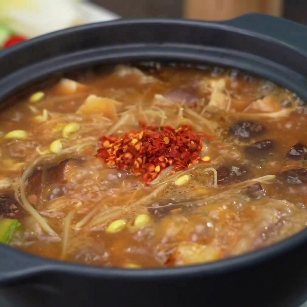 Vibrant red chili flakes being sprinkled onto the center of the steaming, bubbling soybean paste soup.