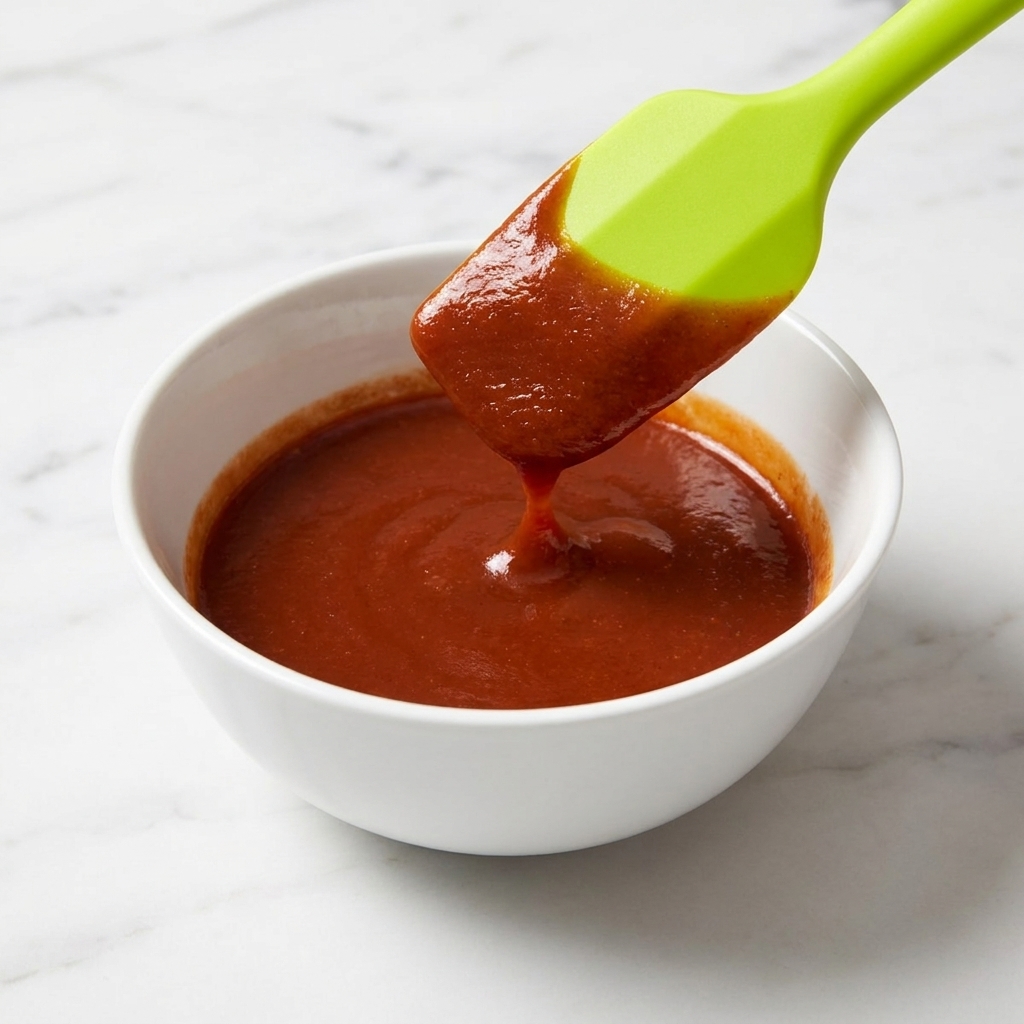 A white bowl containing a smooth, vibrant red seasoning sauce being mixed with a light green silicone spatula.