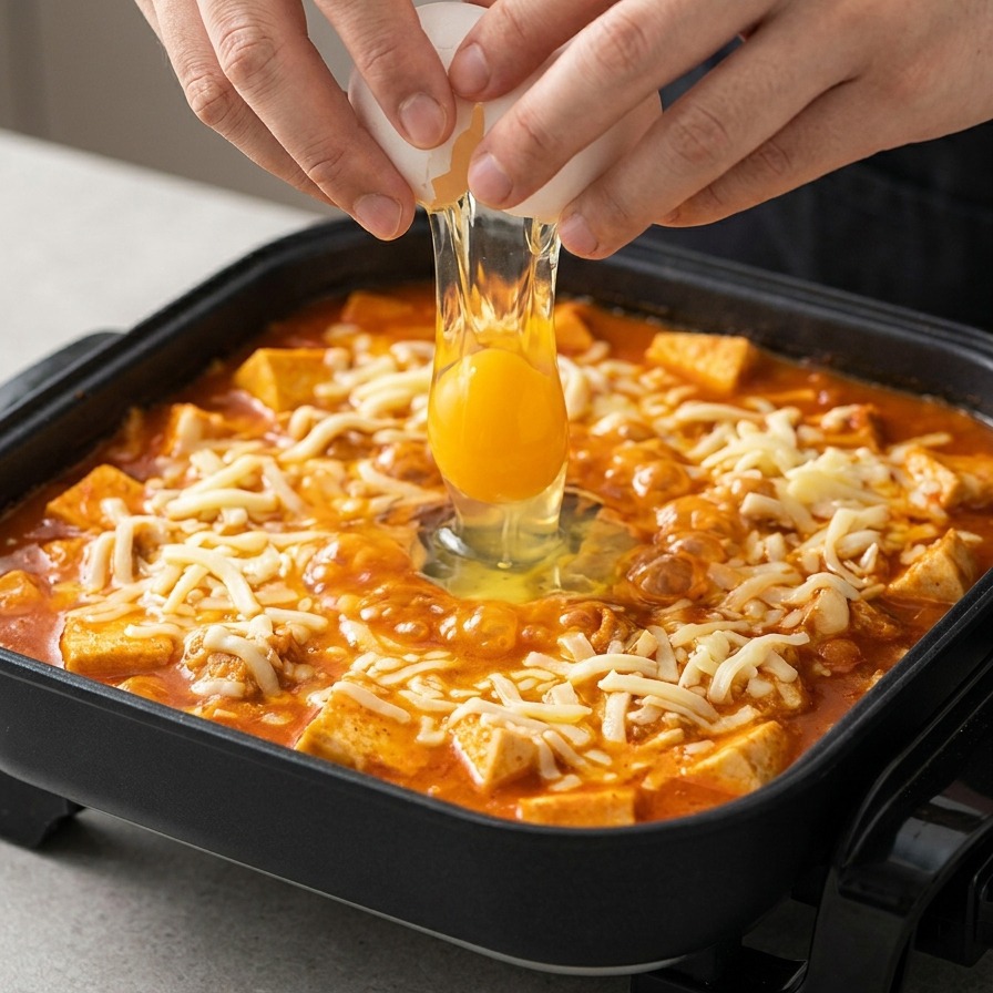 Hands cracking a fresh egg into the center of a bubbling cheesy Korean army stew.
