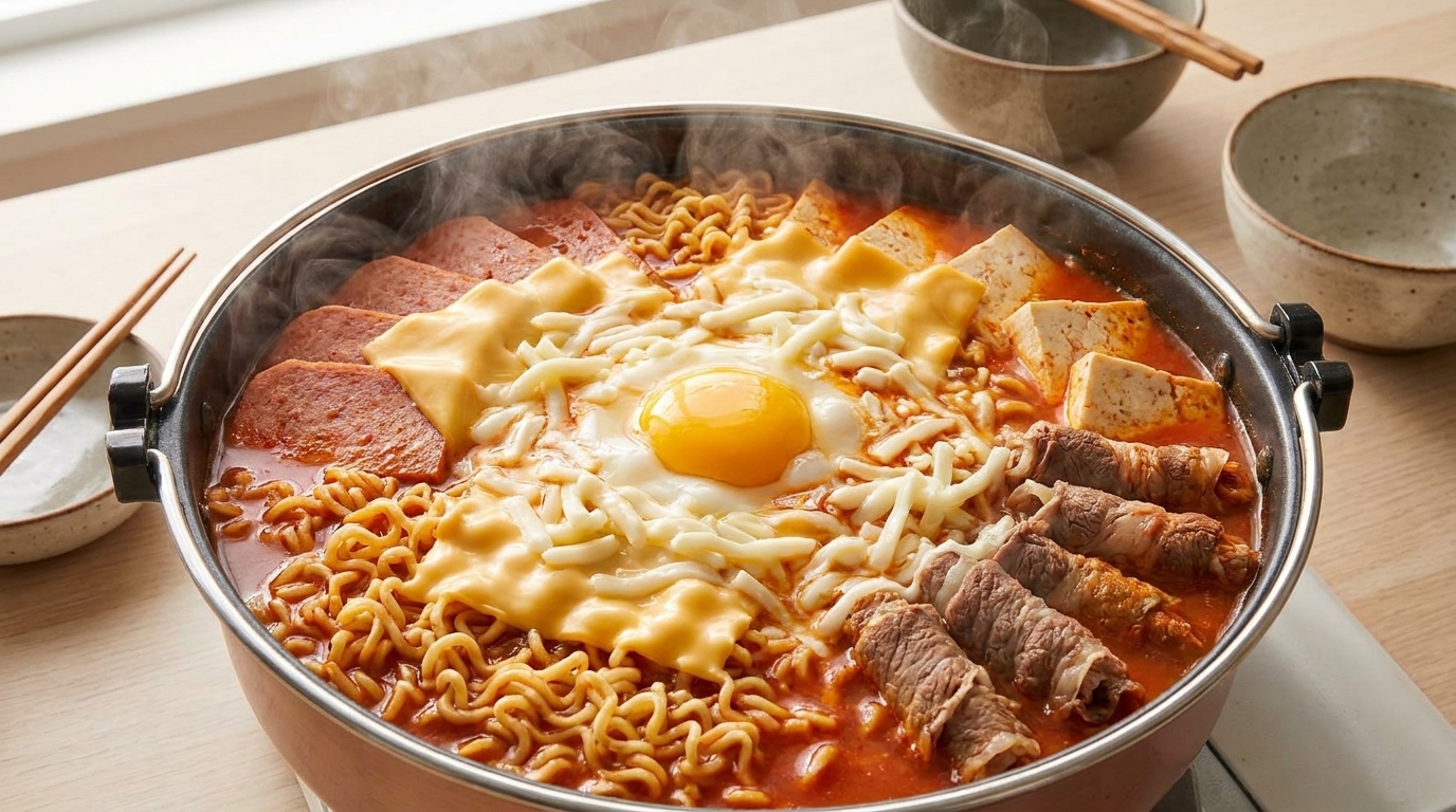A bubbling pot of Korean Army Stew (Budae Jjigae), loaded with ramen, meat, and vegetables, topped with melted mozzarella and cheddar cheese and a soft-cooked egg.