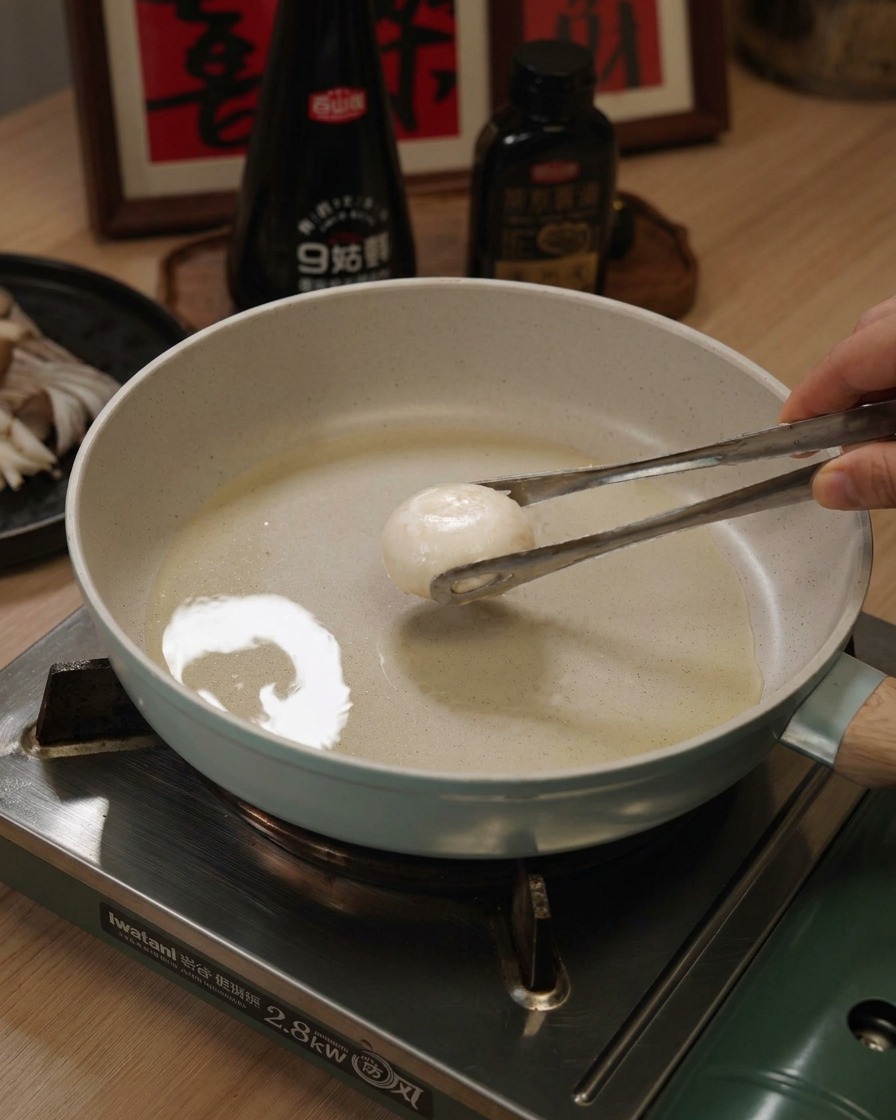 A pair of metal tongs placing a fresh white mushroom cap face-down into a lightly oiled frying pan