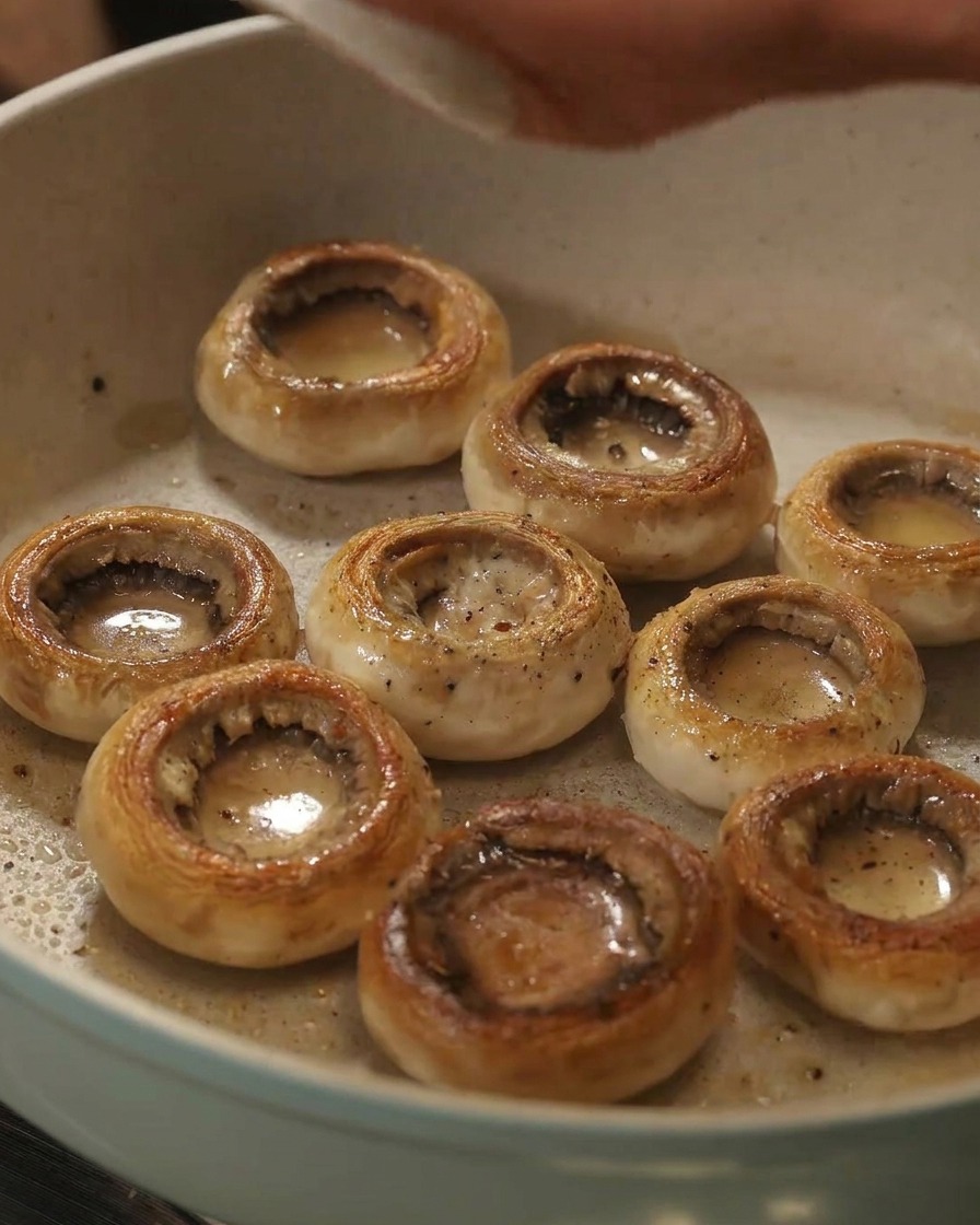 Grilled mushroom caps in a frying pan being seasoned with visible grains of sea salt and black pepper.