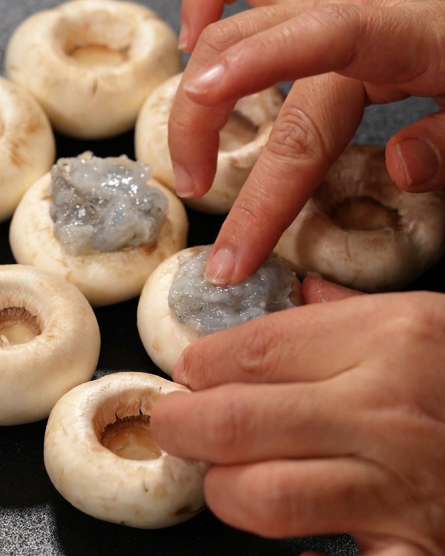 A hand using a finger to press and smooth raw shrimp paste into the center of a mushroom cap.