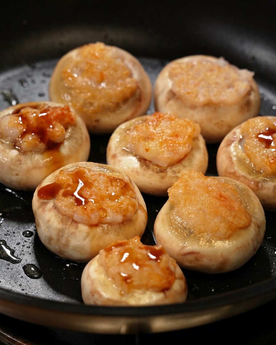 A dark brown seasoning sauce being poured over browned stuffed mushrooms in a frying pan.