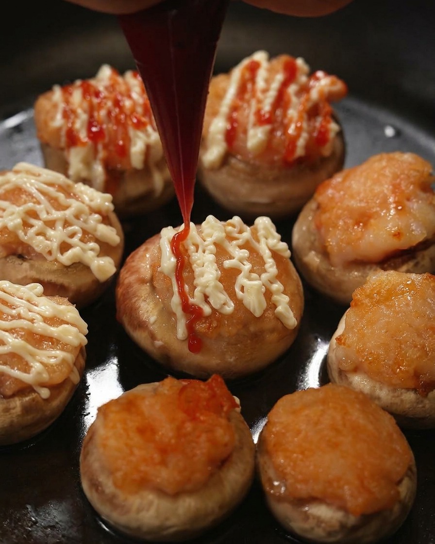 Red ketchup being squeezed from a piping bag onto mushrooms that have already been topped with white mayonnaise.