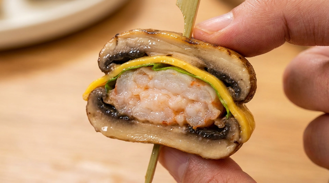 A close-up cross-section of a juicy mushroom mini burger, showing layers of savory shrimp paste and melted cheese