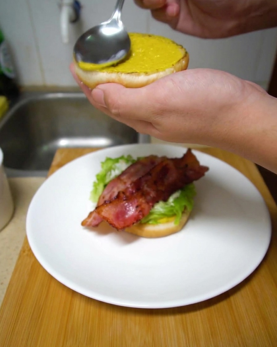 A person using a silver spoon to coat the inside of a toasted burger bun with bright yellow mustard.