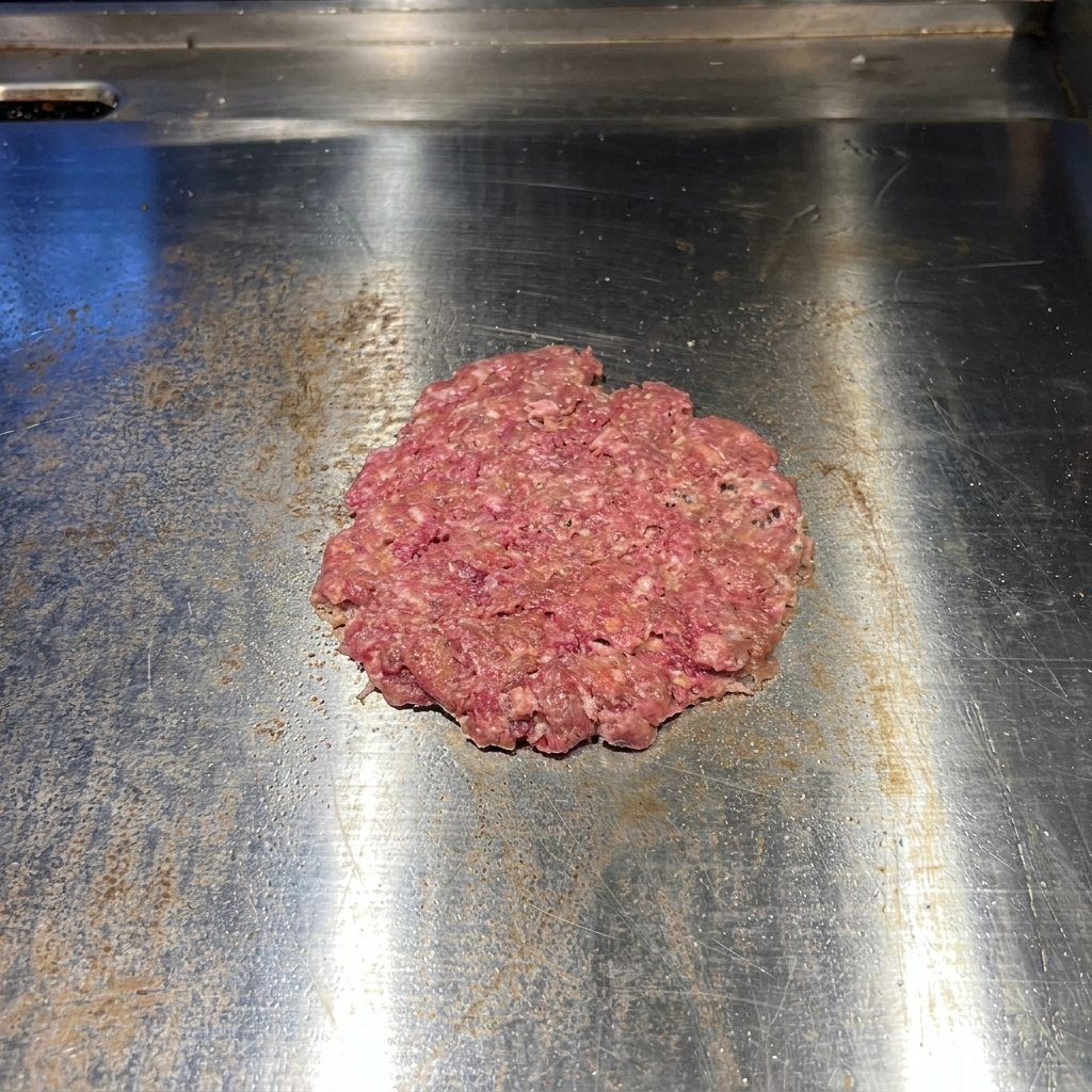 A flattened raw beef patty on a stainless steel griddle, seasoned with visible grains of salt and black pepper.