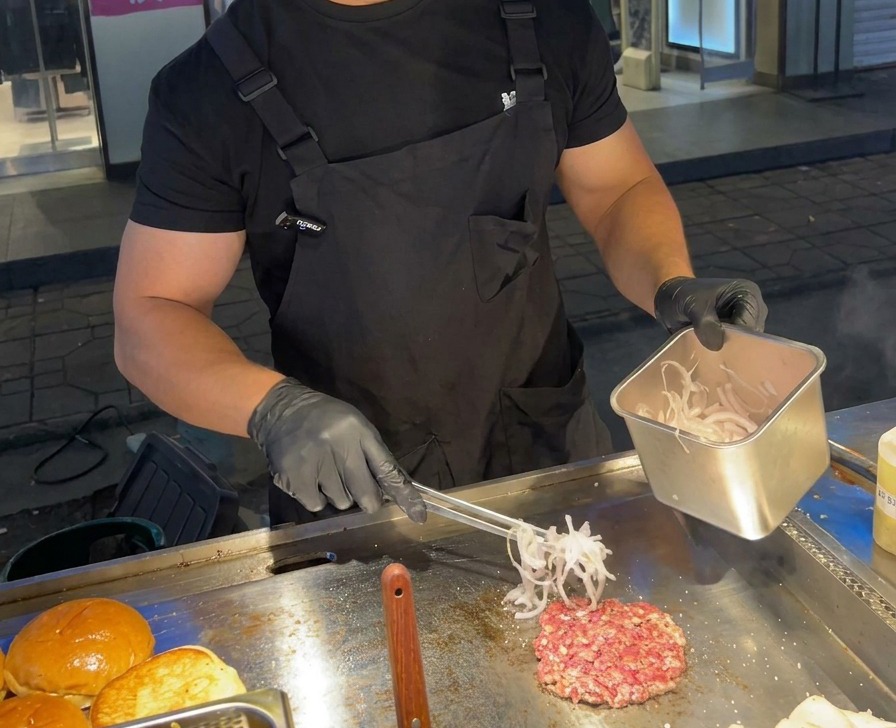 A chef using metal tongs to place thinly sliced purple onions on a hot griddle next to a cooking beef patty.