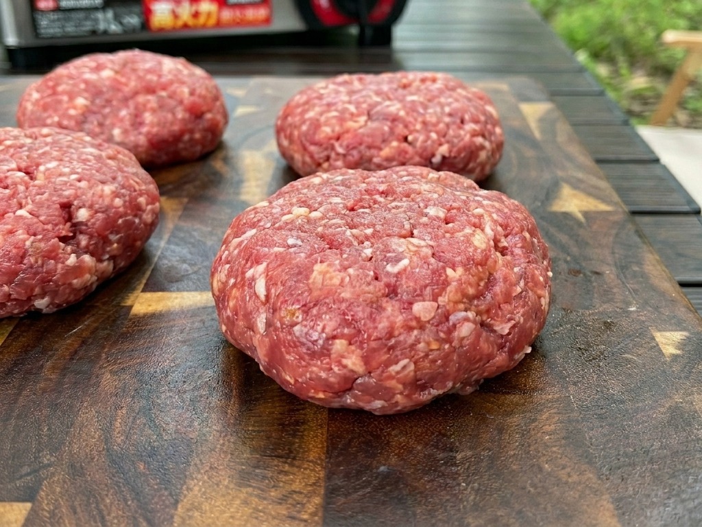 Four thick, round raw beef patties arranged on a dark, patterned wooden cutting board outdoors.
