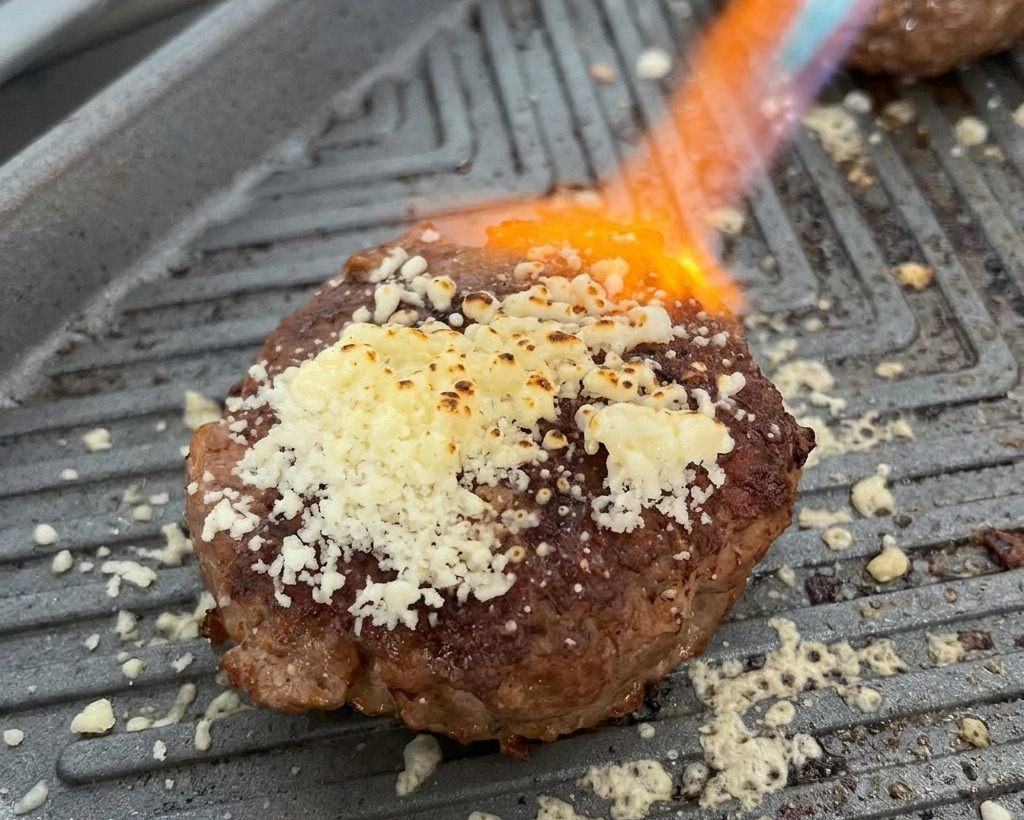 A beef patty on a hot griddle being torched by a handheld blowtorch to melt a pile of shredded cheese.