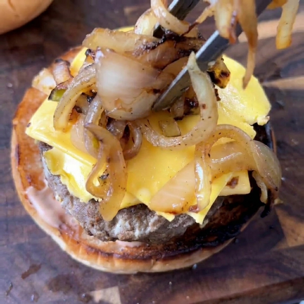 Tongs placing a portion of brown caramelized onions onto the cheese-covered patty of a burger.
