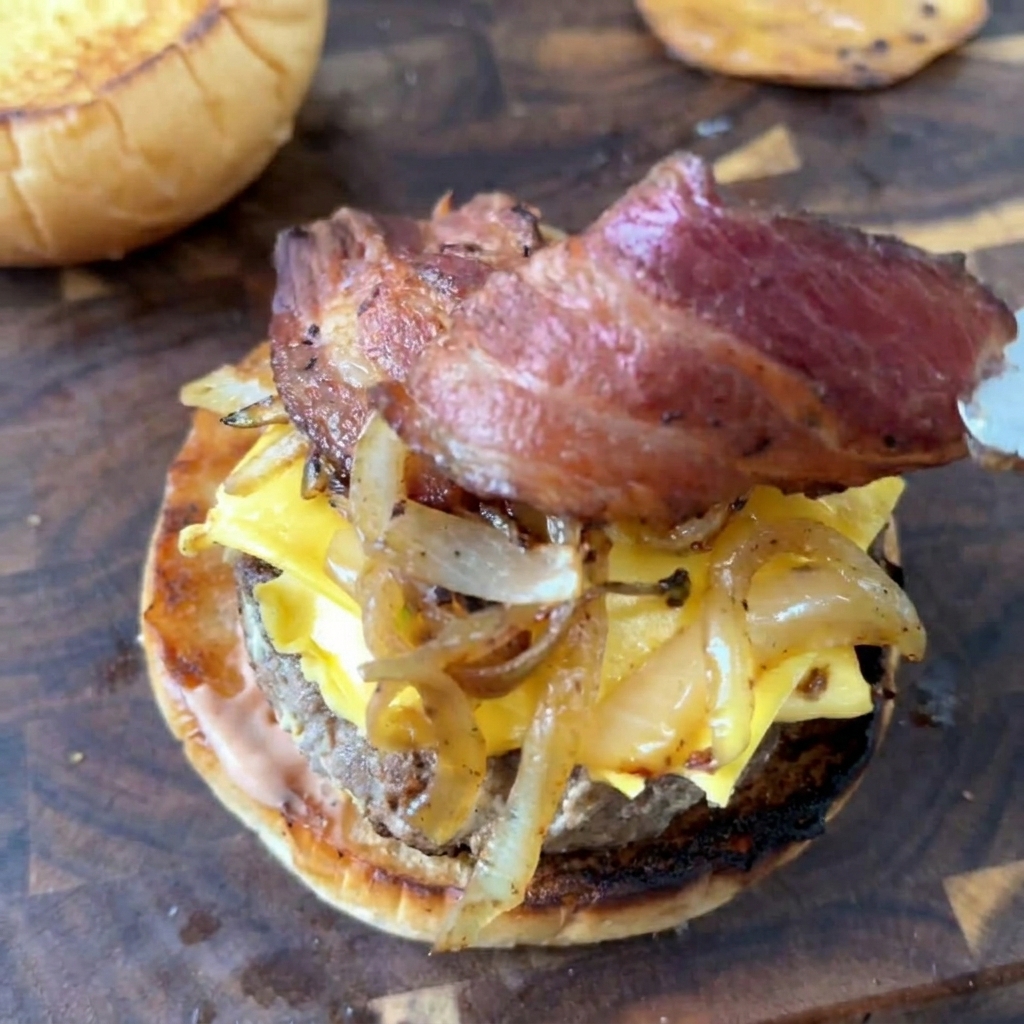 Crispy strips of cooked bacon being placed on top of onions during burger assembly.