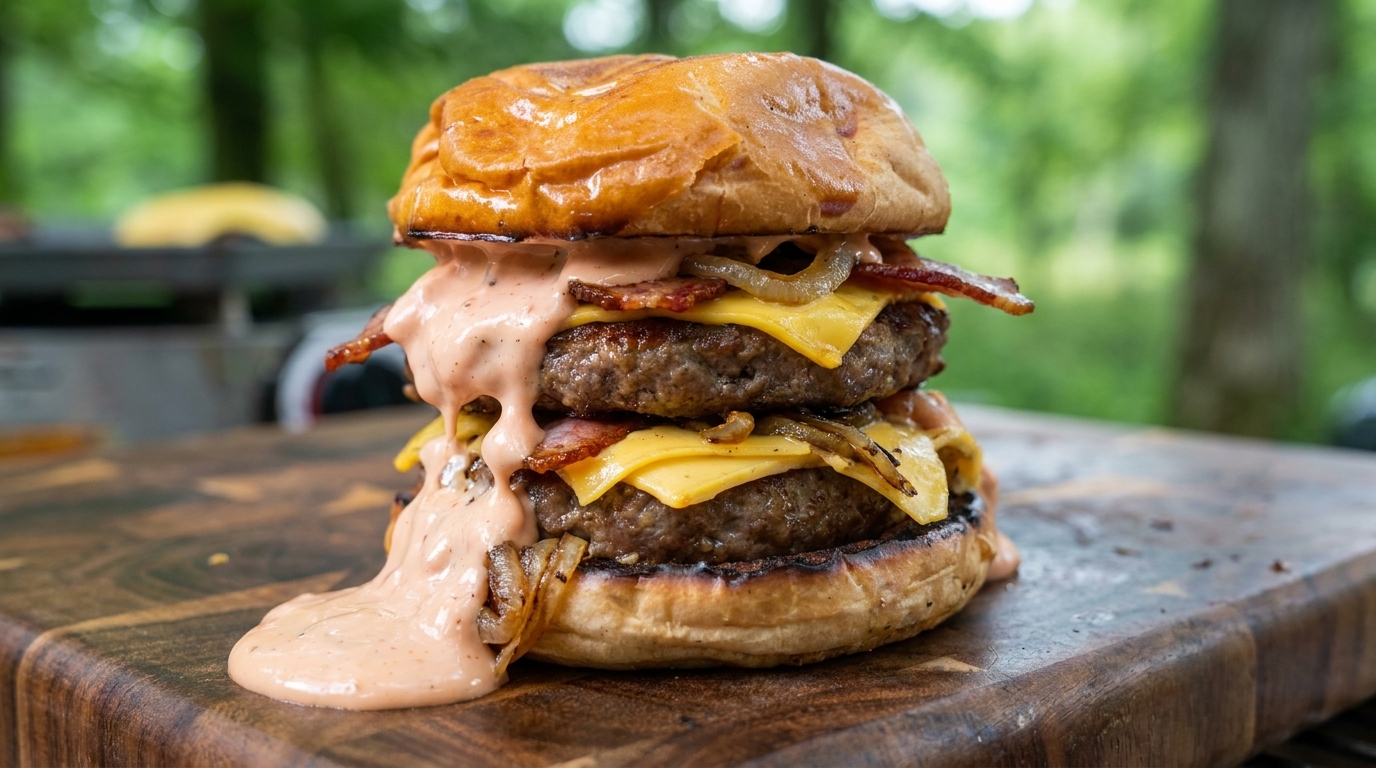 Outdoor Double Beef Cheeseburger with Signature Pink Sauce