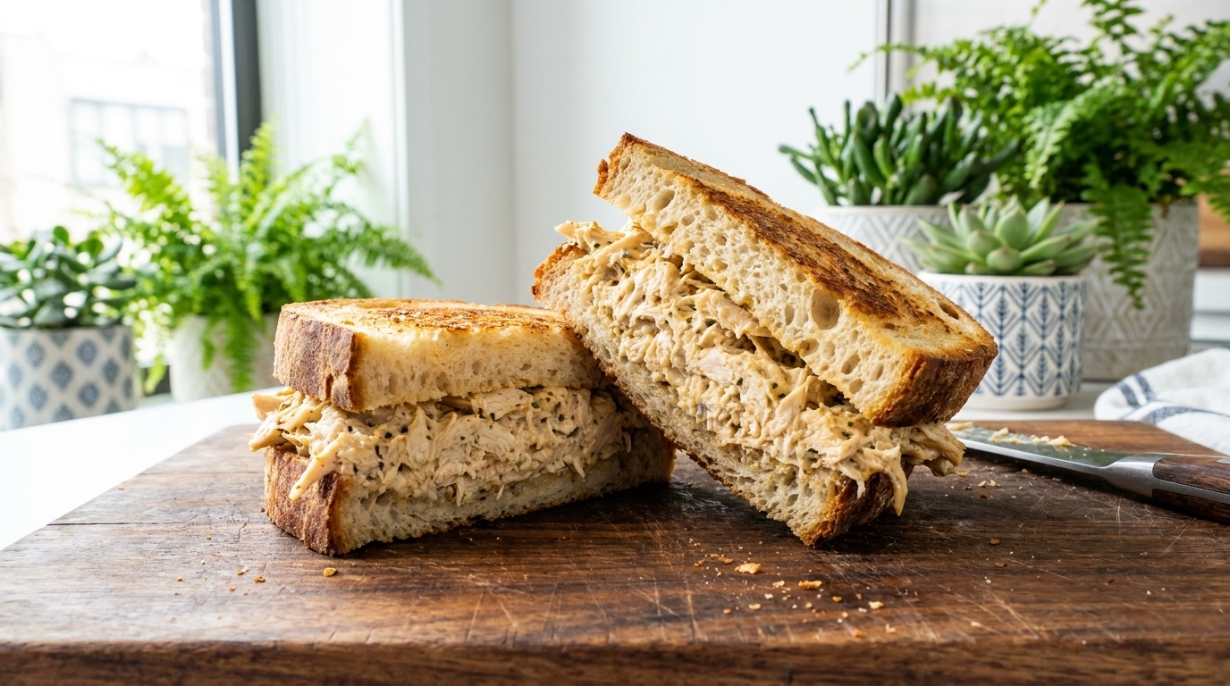 A gourmet shredded chicken sandwich on toasted sourdough, sliced to reveal a perfectly creamy and uniform filling.