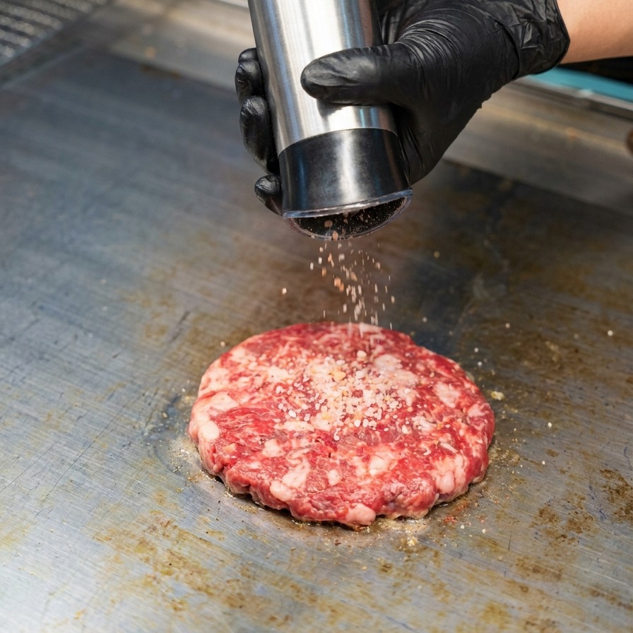 Close-up of salt and black pepper being dispensed from an electric grinder onto a raw beef patty searing on a griddle.