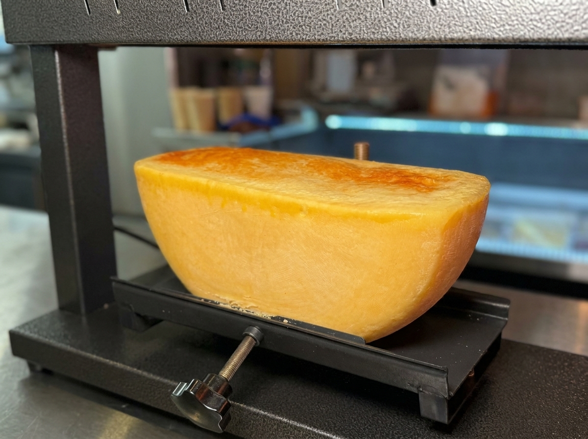 Close-up of the surface of a cheese wheel becoming bubbly and deeply browned under an intense heat source.