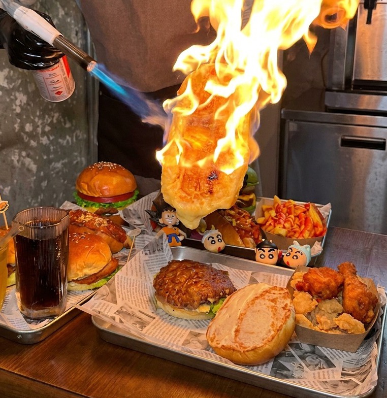 A hand holding a blowtorch to char the surface of a large piece of cheese until it is bubbly and brown.