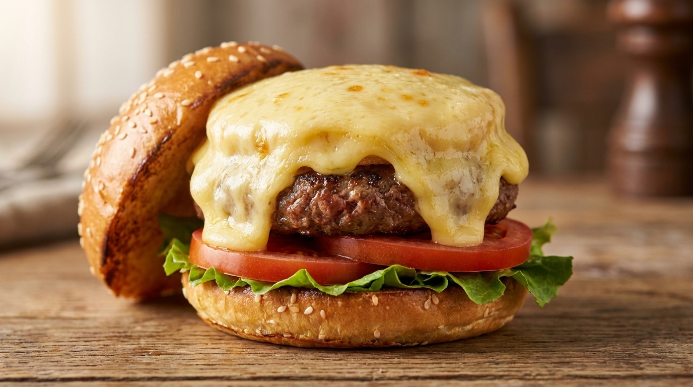 A gourmet burger featuring a thick, molten layer of Raclette cheese cascading onto the serving paper.