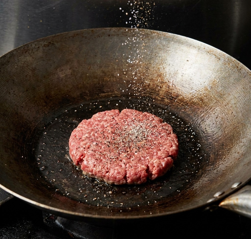 Salt and black pepper being sprinkled onto a raw beef patty searing in a hot pan.