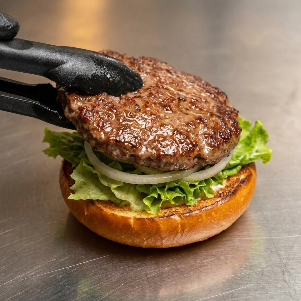 Tongs placing a juicy, browned beef patty onto a burger bun prepared with lettuce and onion slices.
