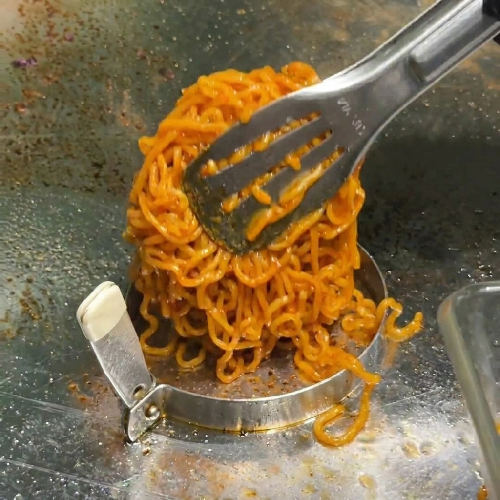 Spicy red noodles being piled into a circular stainless steel ring mold on a flat-top grill.