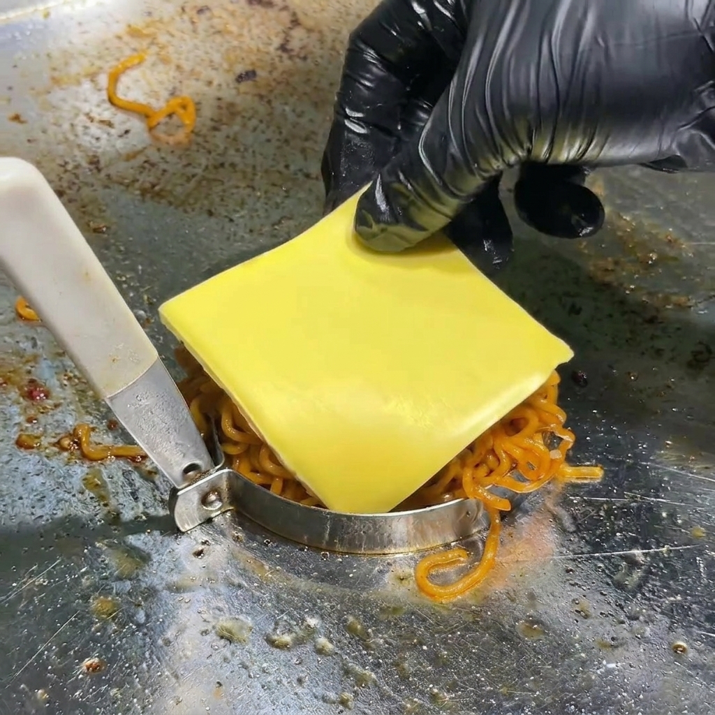 A gloved hand placing a slice of yellow American cheese onto a mound of steaming spicy noodles held in a metal ring on a grill.