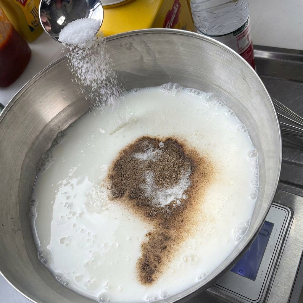 A spoonful of white salt being sprinkled into a metal bowl containing yogurt and a pile of brown spice powder.