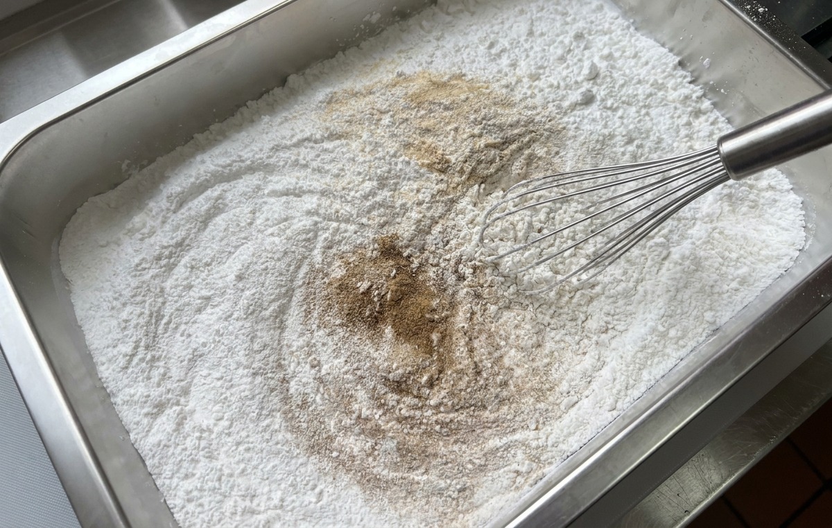 A metal whisk mixing seasonings like garlic powder and pepper into a tray of white cornstarch and glutinous rice flour.