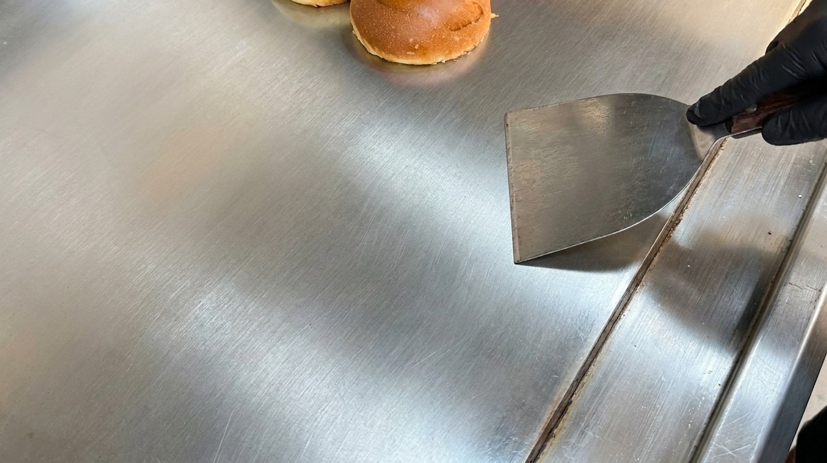 Halved brioche burger buns toasting on a large stainless steel flat-top griddle next to a metal spatula.