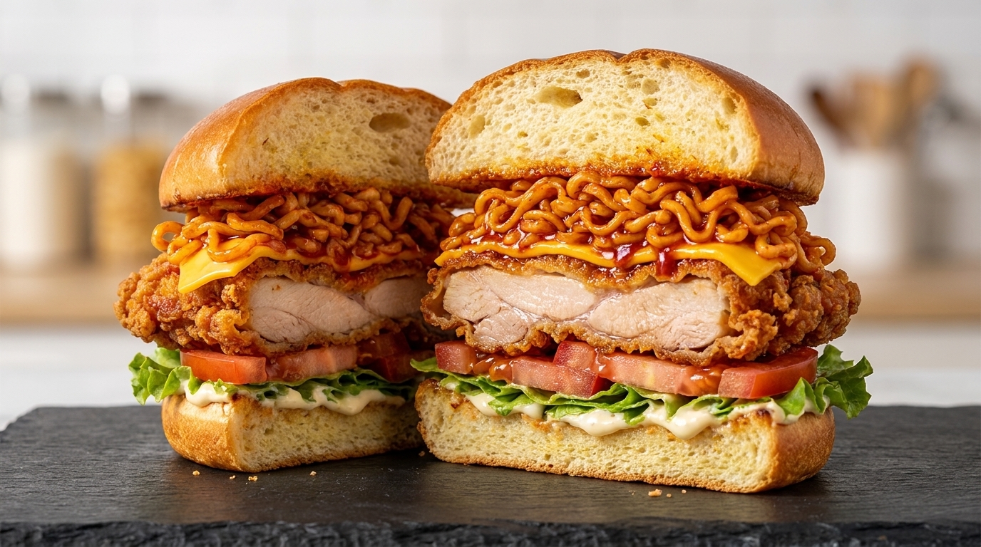 A towering cross-section of the Buldak Noodle Spicy Chicken Burger featuring crispy fried chicken and fiery ramen layers