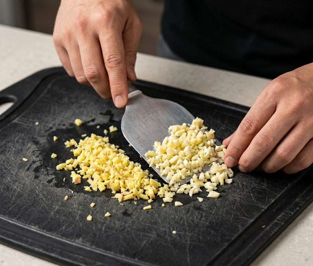 A close-up of finely minced garlic being gathered on a black cutting board using a metal scraper tool.