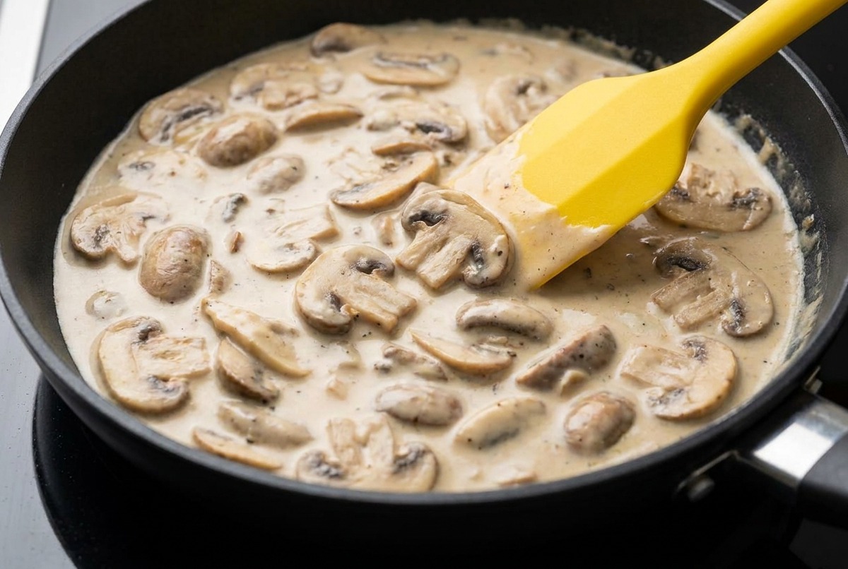 A yellow spatula stirring a creamy mushroom sauce as it simmers and bubbles in a black frying pan.