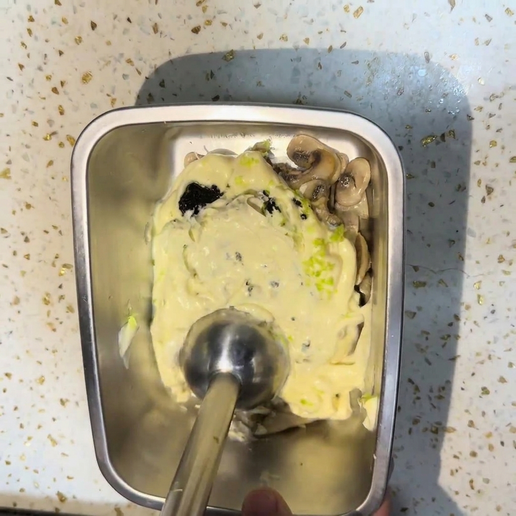 An immersion blender mixing together sautéed mushrooms, heavy cream, and black truffle paste in a metal container to create a smooth, thick sauce.