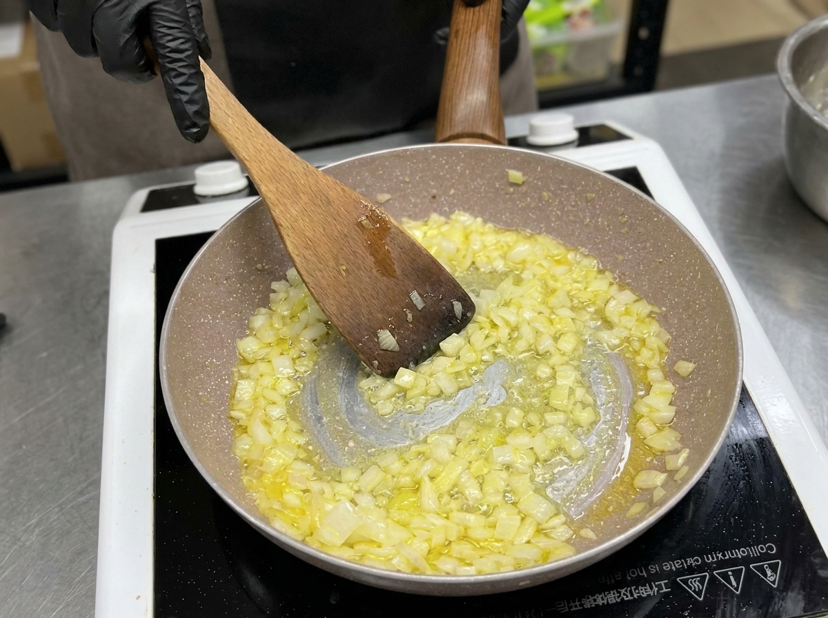 A wooden spatula stirring diced onions and garlic in a frying pan until they appear soft and translucent.