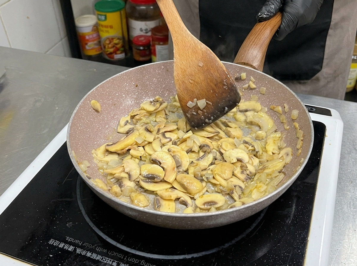 Sliced mushrooms and onions being stir-fried in a pan with a wooden spatula, showing visible browning and reduction in volume.
