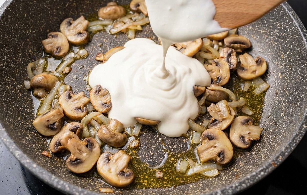 Thick white heavy cream being poured from a spatula into a pan containing browned mushrooms and onions.