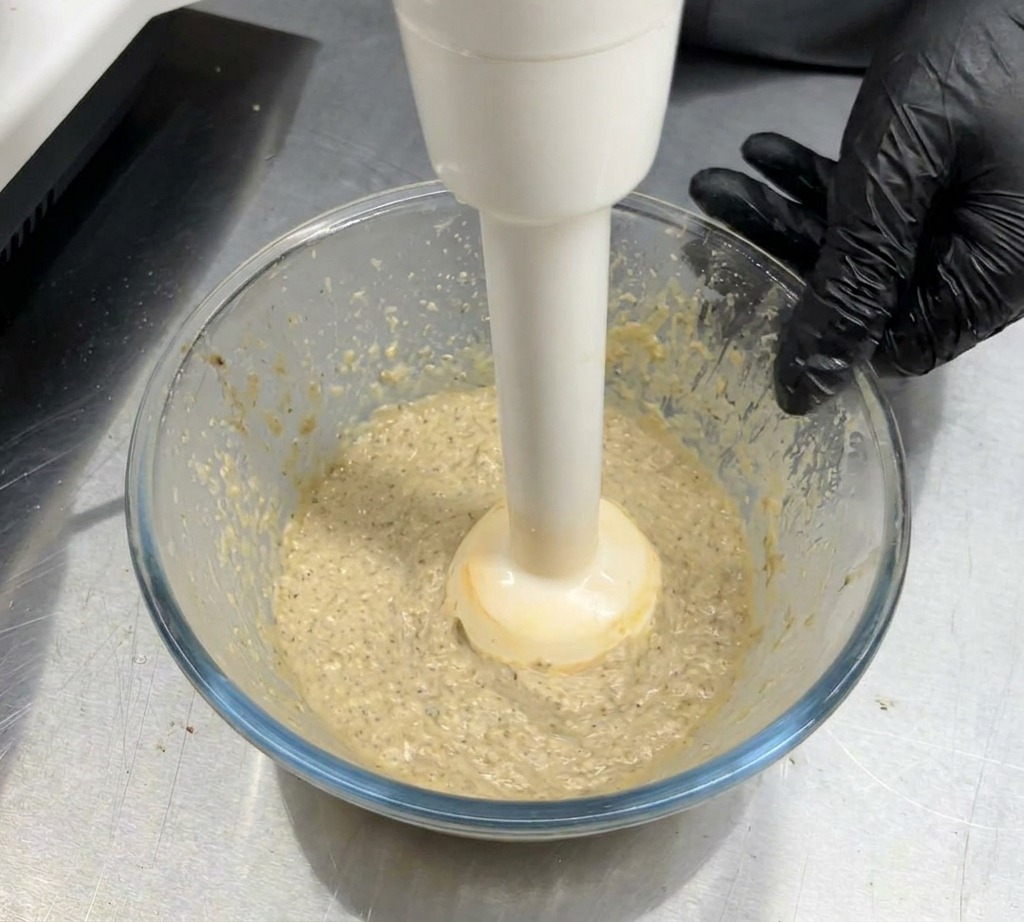 A white immersion blender being used in a clear glass bowl to puree a cooked mushroom and cream mixture into a smooth sauce.
