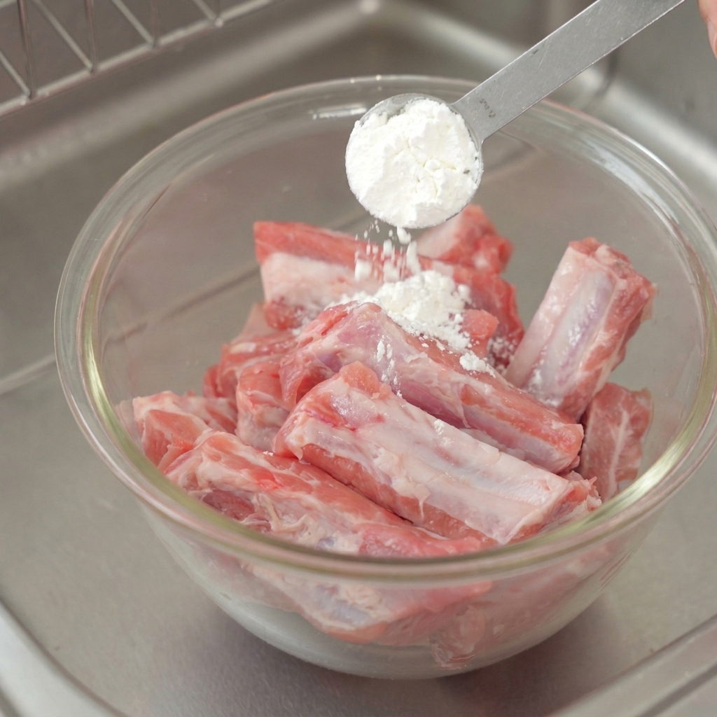 A metal measuring spoon pouring white cornstarch over a glass bowl filled with raw, pink pork ribs.