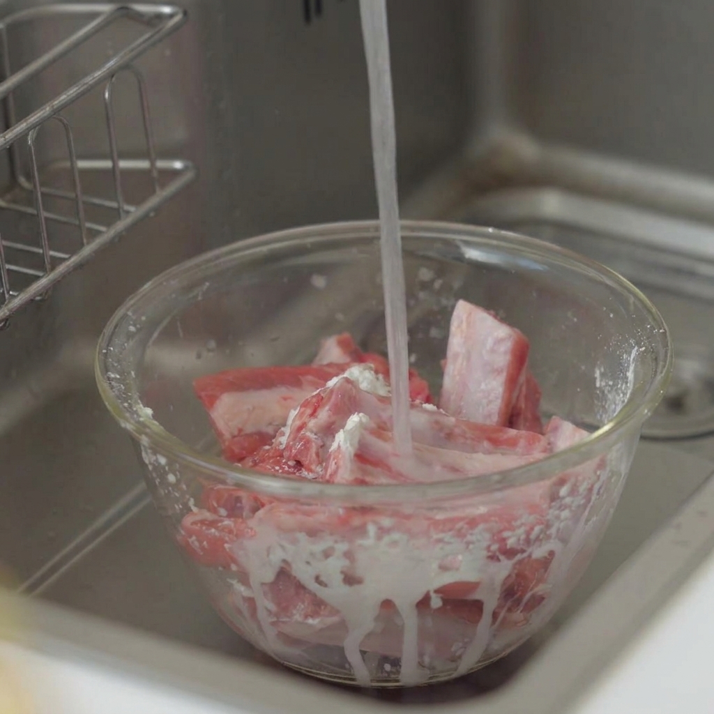 A steady stream of water from a tap pouring into a glass bowl, washing cornstarch off of pork ribs.