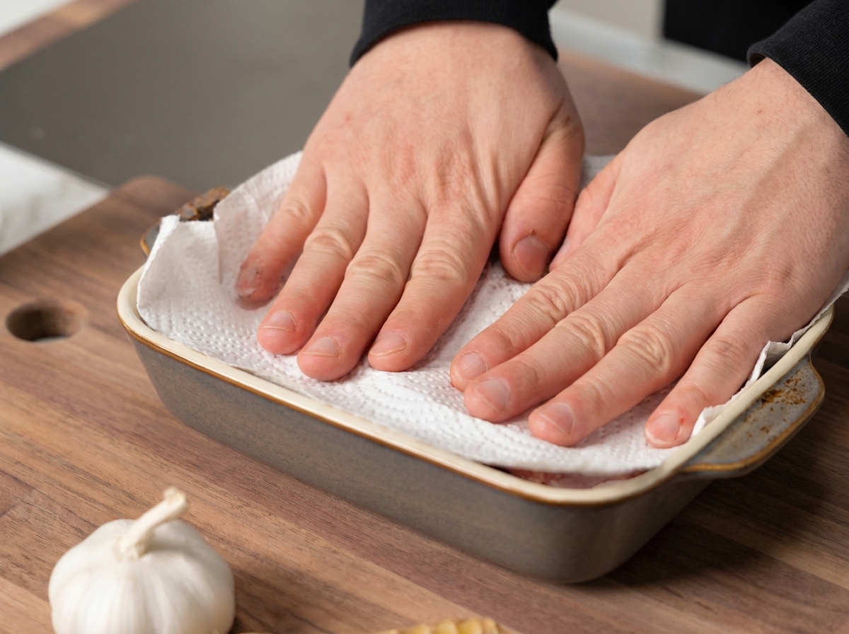 Hands pressing white paper towels onto clean pork ribs arranged in a rectangular ceramic baking dish.