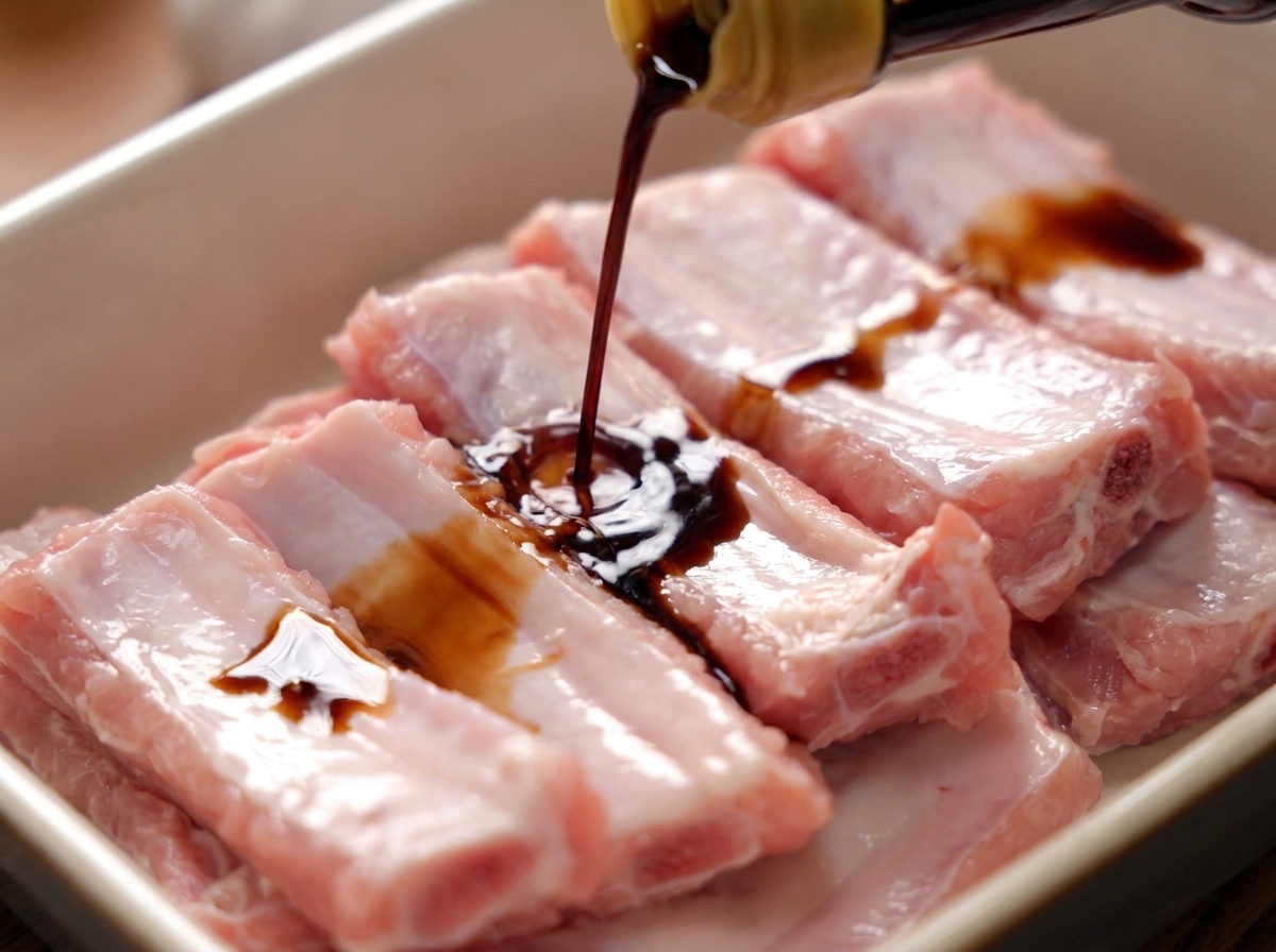 A thin stream of dark soy sauce being poured over clean, pale pork ribs in a white container.