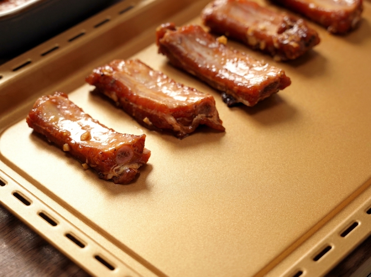 Five marinated pork ribs spaced out evenly in a single layer on a gold-colored rectangular baking sheet.