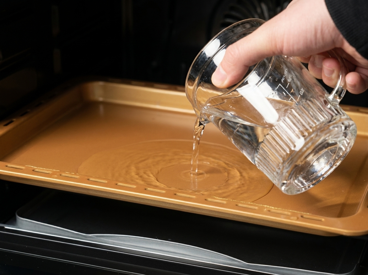A hand pouring water from a glass measuring cup into a shallow gold tray placed inside an oven.