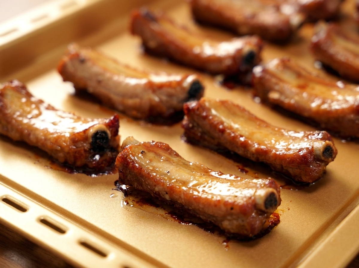 A tray of partially cooked, golden-brown pork ribs arranged neatly after being flipped over.