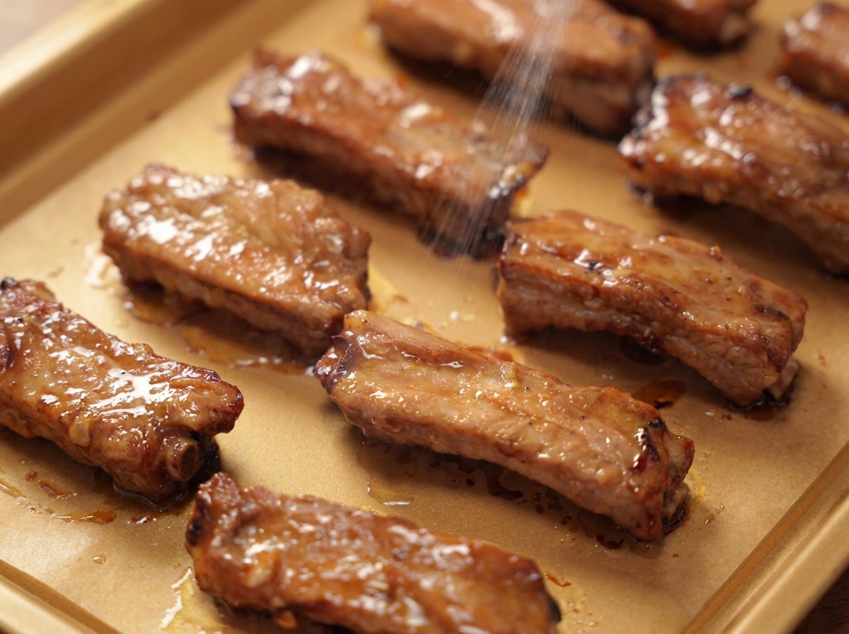 A fine mist of cooking oil being sprayed over the surface of roasted pork ribs on a baking tray.