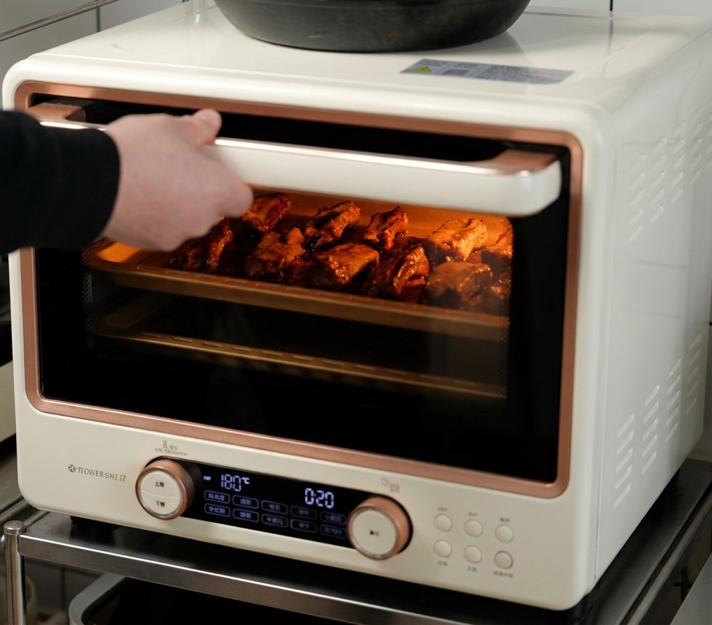 A view through an oven door showing pork ribs roasting on a tray until they are browned and bubbling.